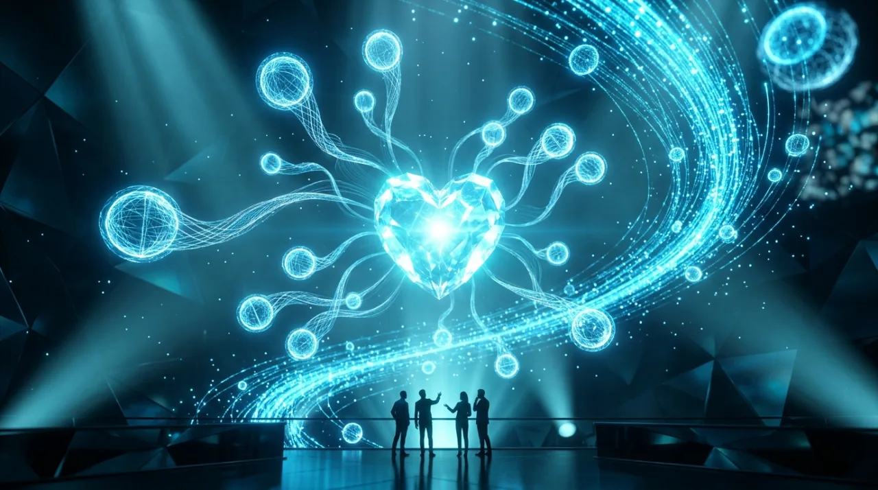 A radiant crystal hub connected by ribbons of light to glowing customer orbs, with a team gathered around it — a metaphor for customer relationships managed through a CRM