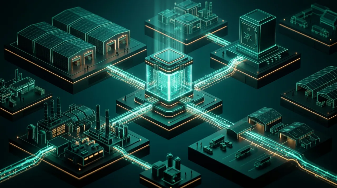 A glowing central data core linked by streams of light to warehouses, production, finance and logistics — a metaphor for a unified ERP ecosystem