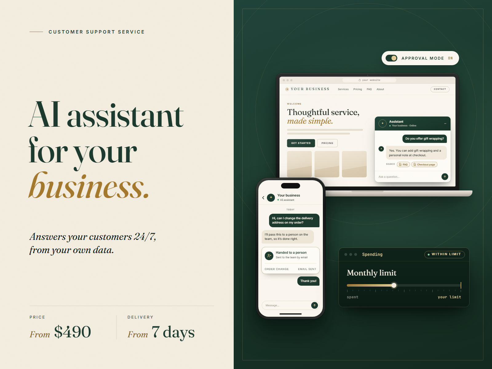 AI assistant for your business: website chat, phone chat with human handoff, approval mode and a monthly spending limit
