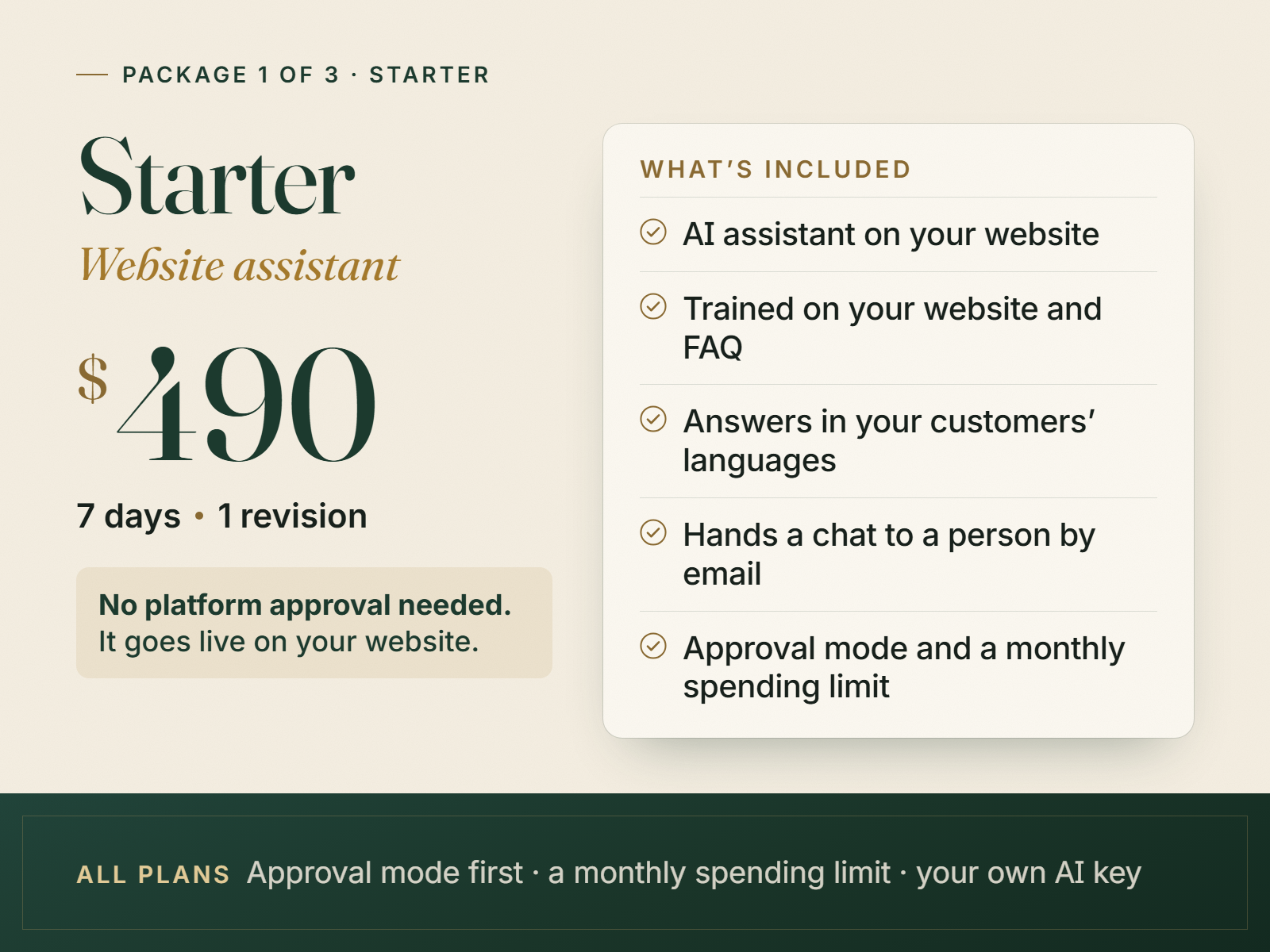 Starter package, $490, 7 days