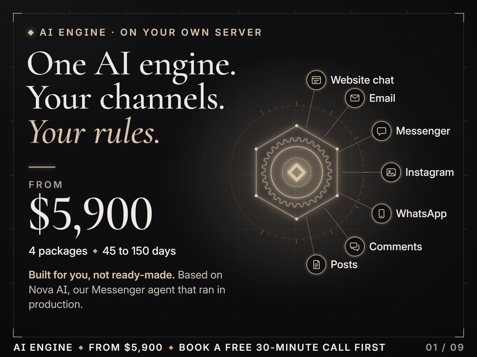 AI Engine: one AI engine on your own server for website chat, email, Messenger, Instagram, WhatsApp, comments and posts; 4 packages from $5,900, 45 to 150 days