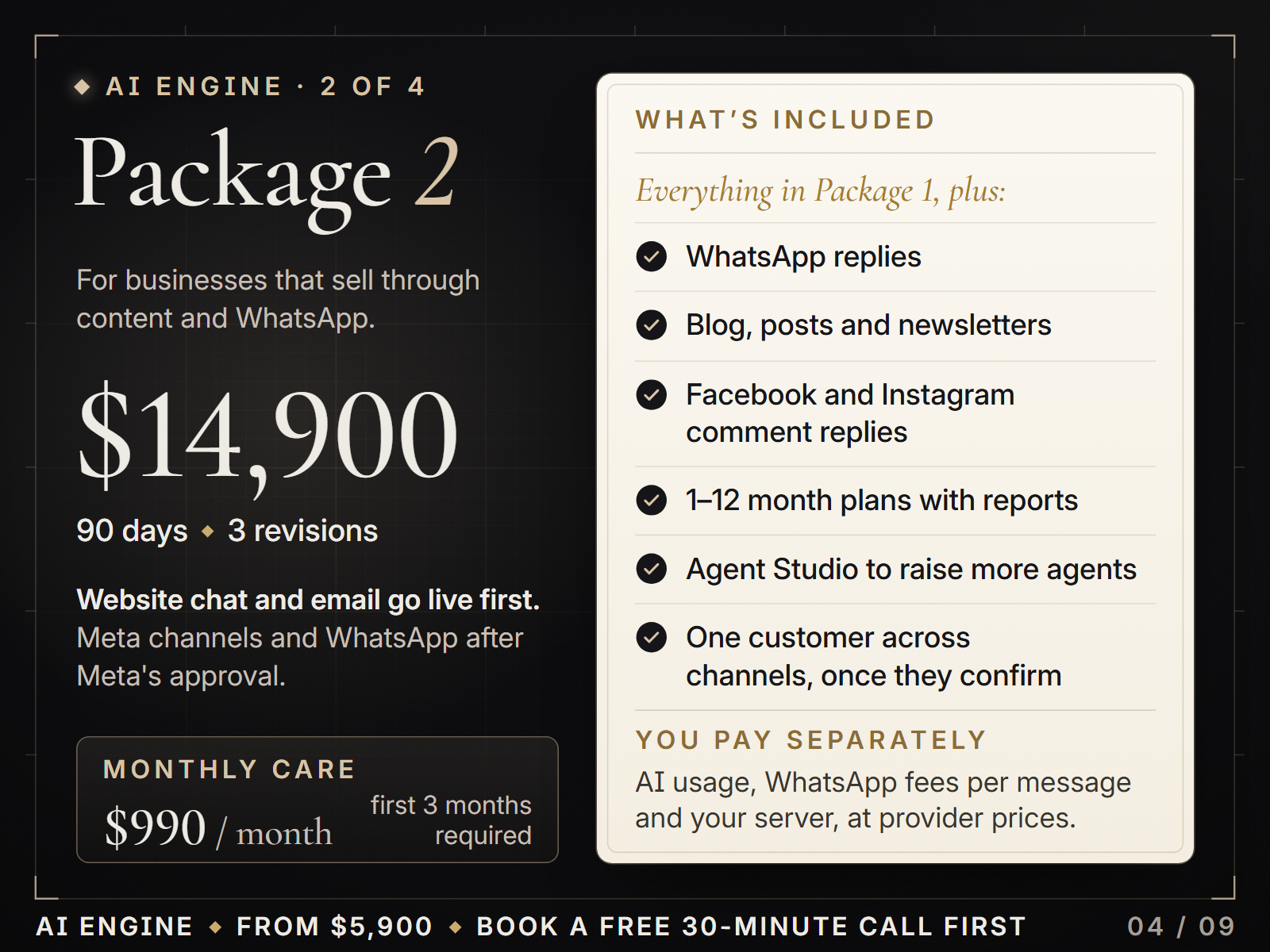 Package 2, $14,900, 90 days: Package 1 plus WhatsApp, content, comment replies and plans; monthly care $990