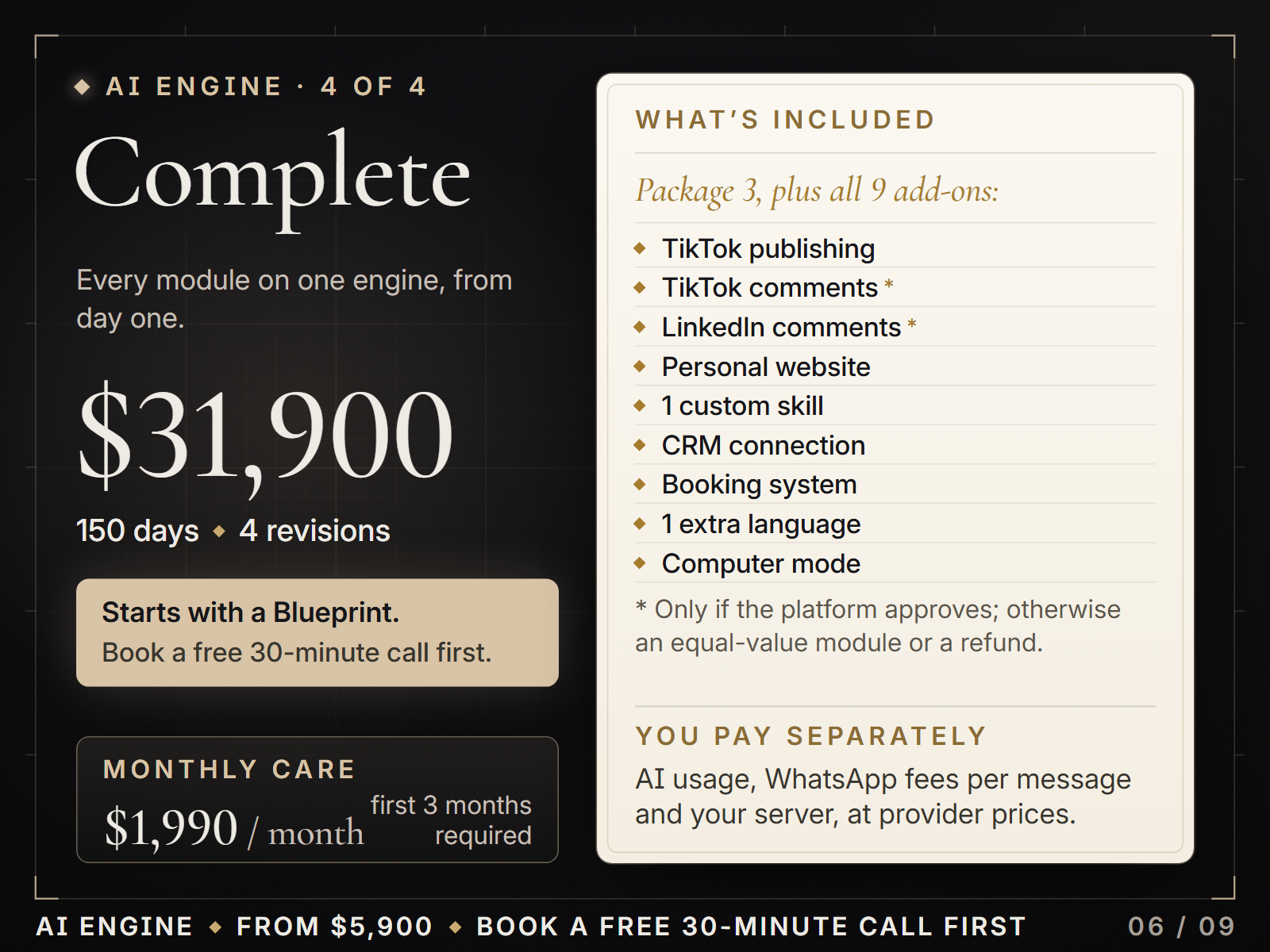 Complete, $31,900, 150 days, starts with a Blueprint: Package 3 plus all 9 add-ons; monthly care $1,990